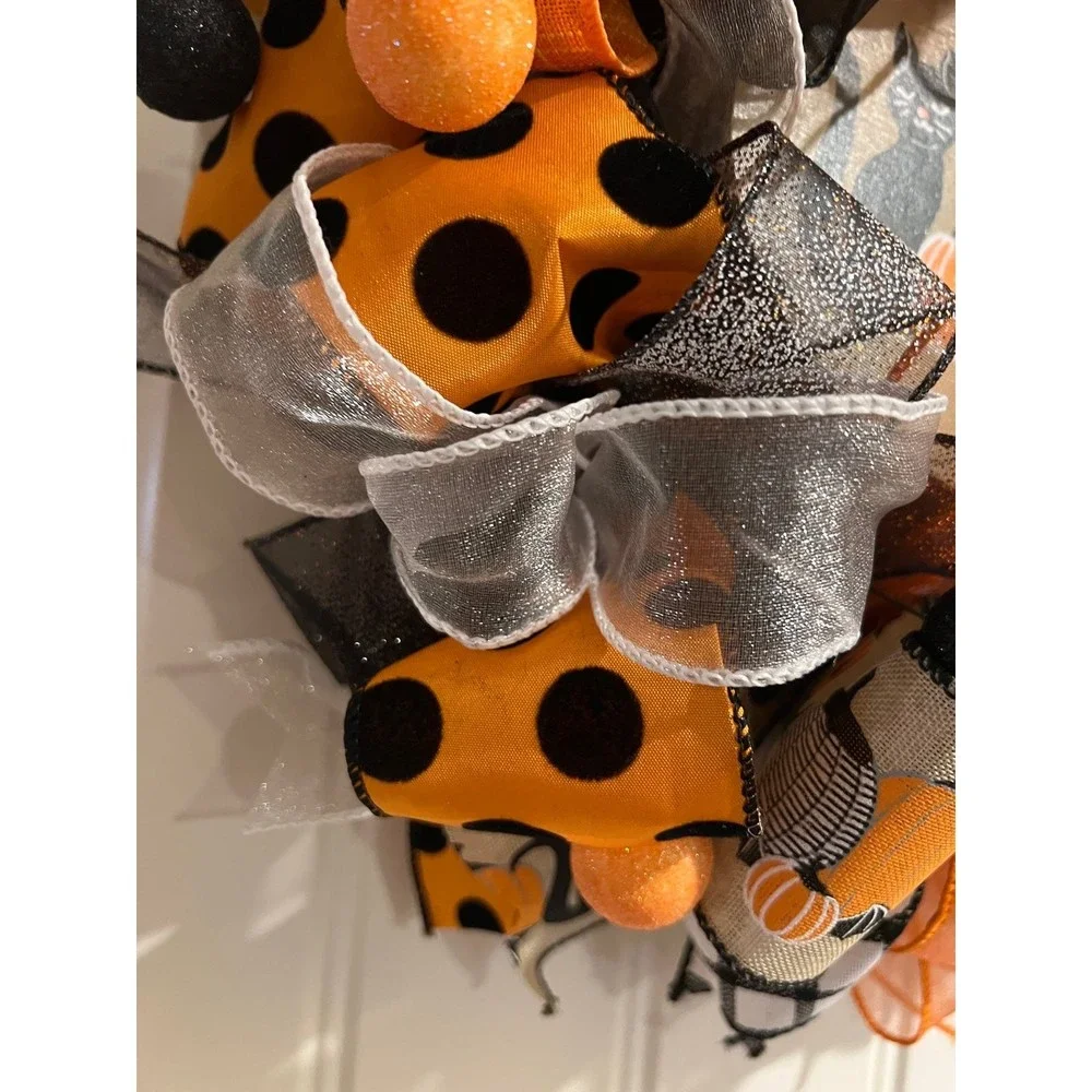 13 inch Halloween Ribbon Wreath Black Cat MW7